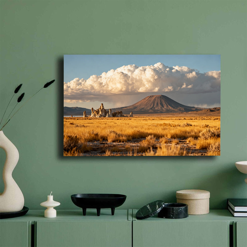 Prairie Butte beneath Clouds canvas wall art, green wall mockup.