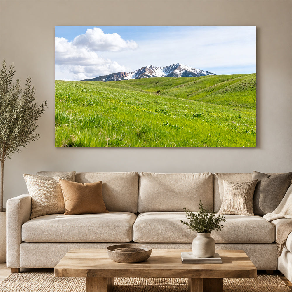 Green Meadow Ridges canvas wall art, living room mockup.