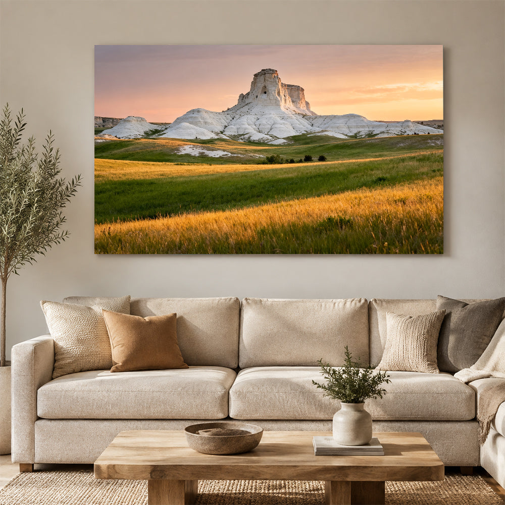 Pale Butte beyond the Meadow canvas wall art, living room mockup.