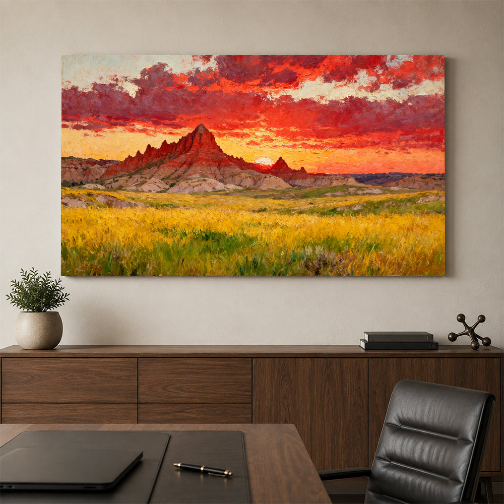 Crimson Sunset across the Prairie canvas wall art, office mockup.