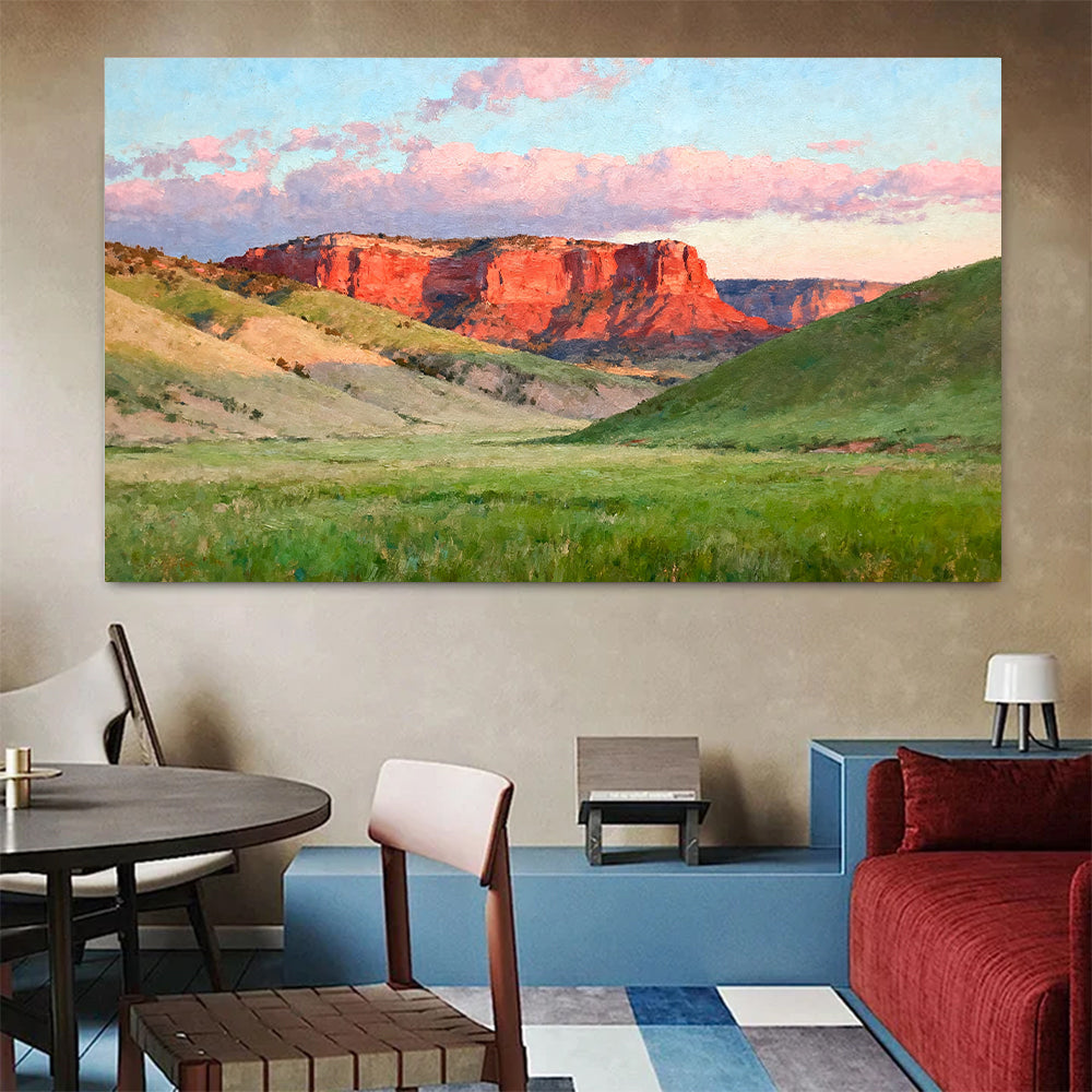 Green Plains below Red Cliffs canvas wall art, living dining room mockup.
