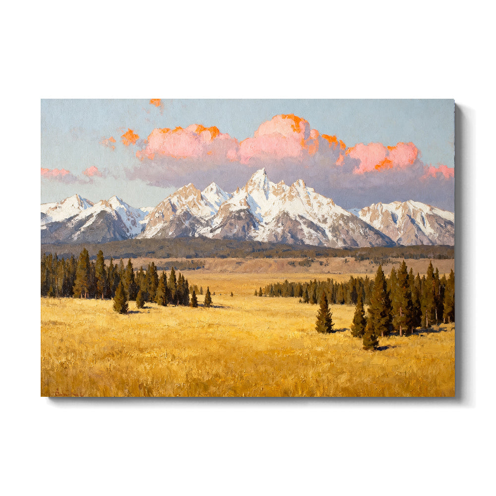 Snowy Peaks beyond Golden Fields canvas wall art, front view on a white background.