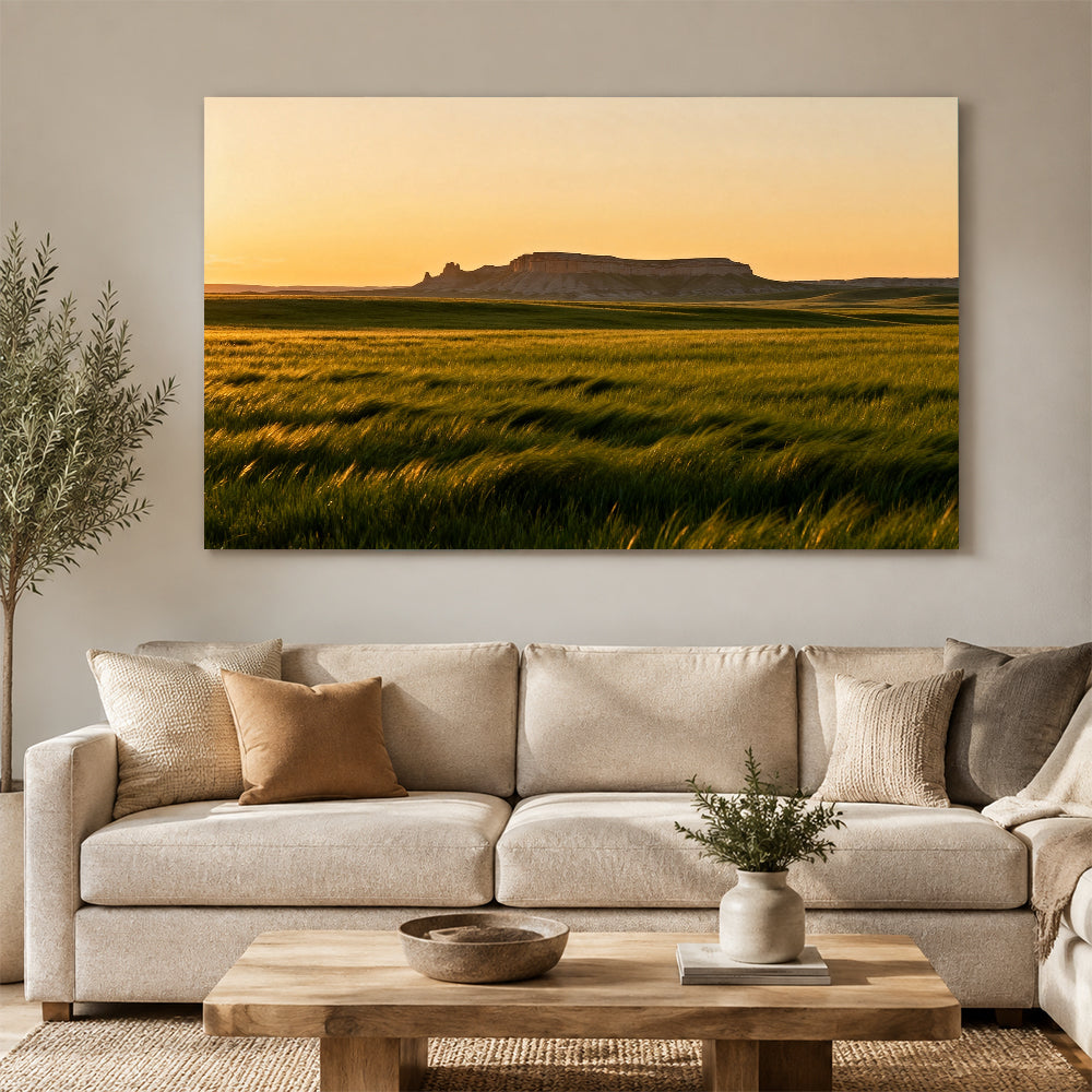 Last Light over Prairie Grass canvas wall art, living room mockup.