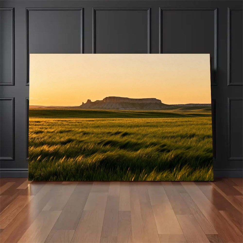 Last Light over Prairie Grass canvas wall art, floor display mockup.