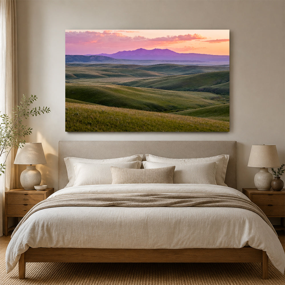 Lavender Dusk across Rolling Hills canvas wall art, bedroom mockup.
