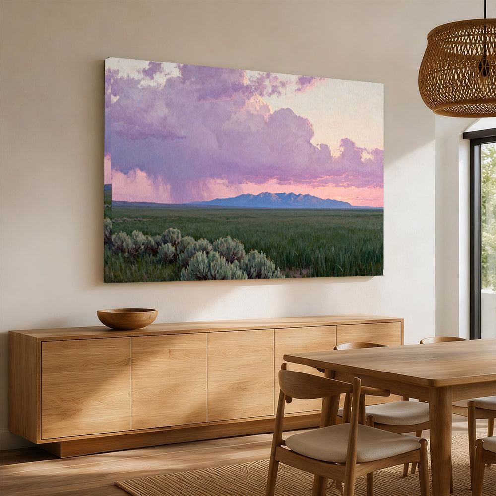 Purple Clouds over Sagebrush canvas wall art, dining room mockup.