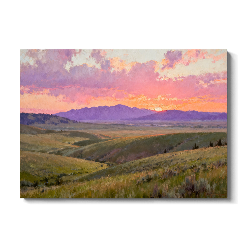 Rose Sunset across Meadow Hills canvas wall art, front view on a white background.