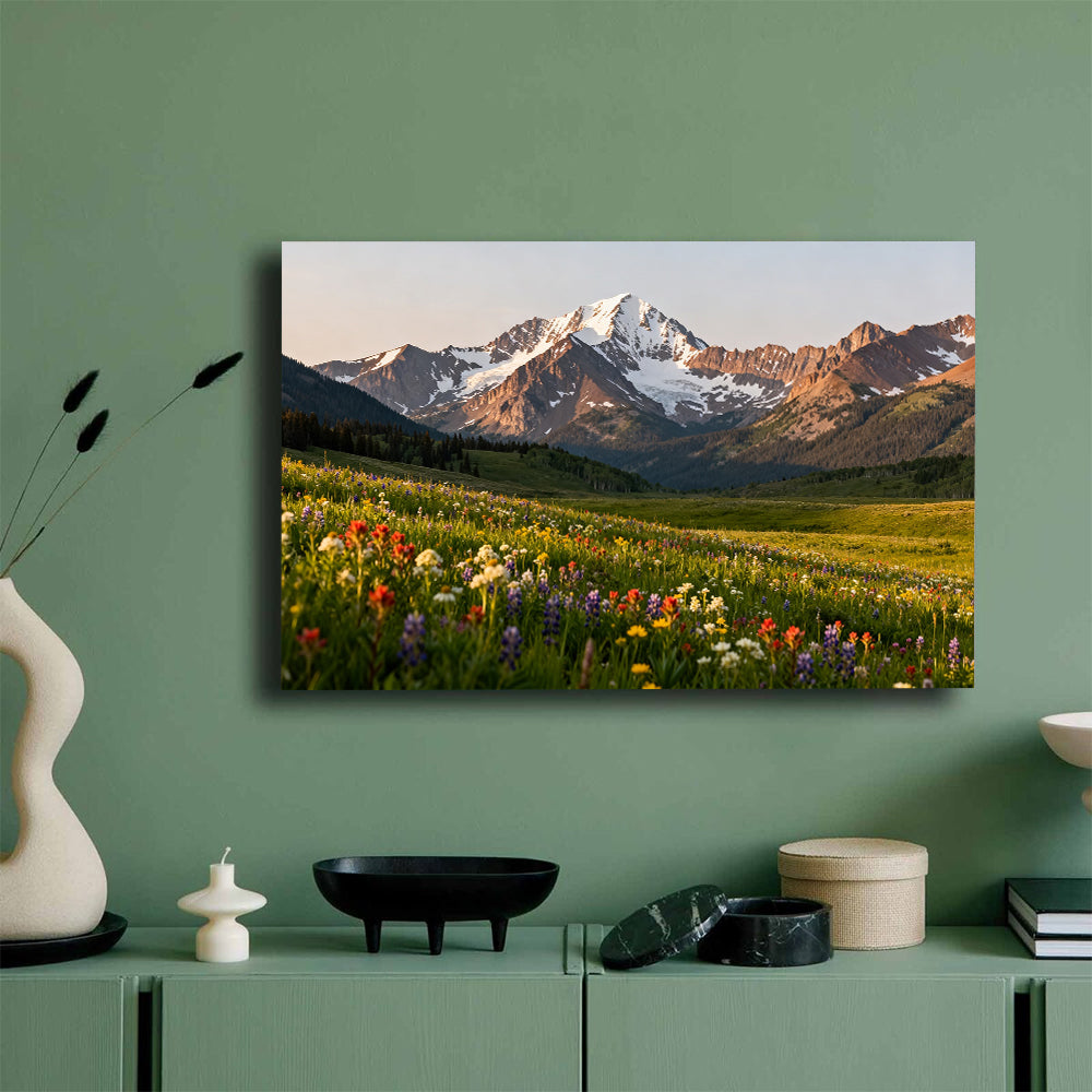 Wildflower Meadow below Peaks canvas wall art, green wall mockup.