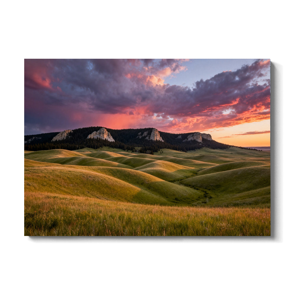 Stormy Sunset over Golden Hills canvas wall art, front view on a white background.