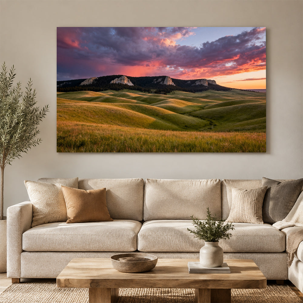 Stormy Sunset over Golden Hills canvas wall art, living room mockup.