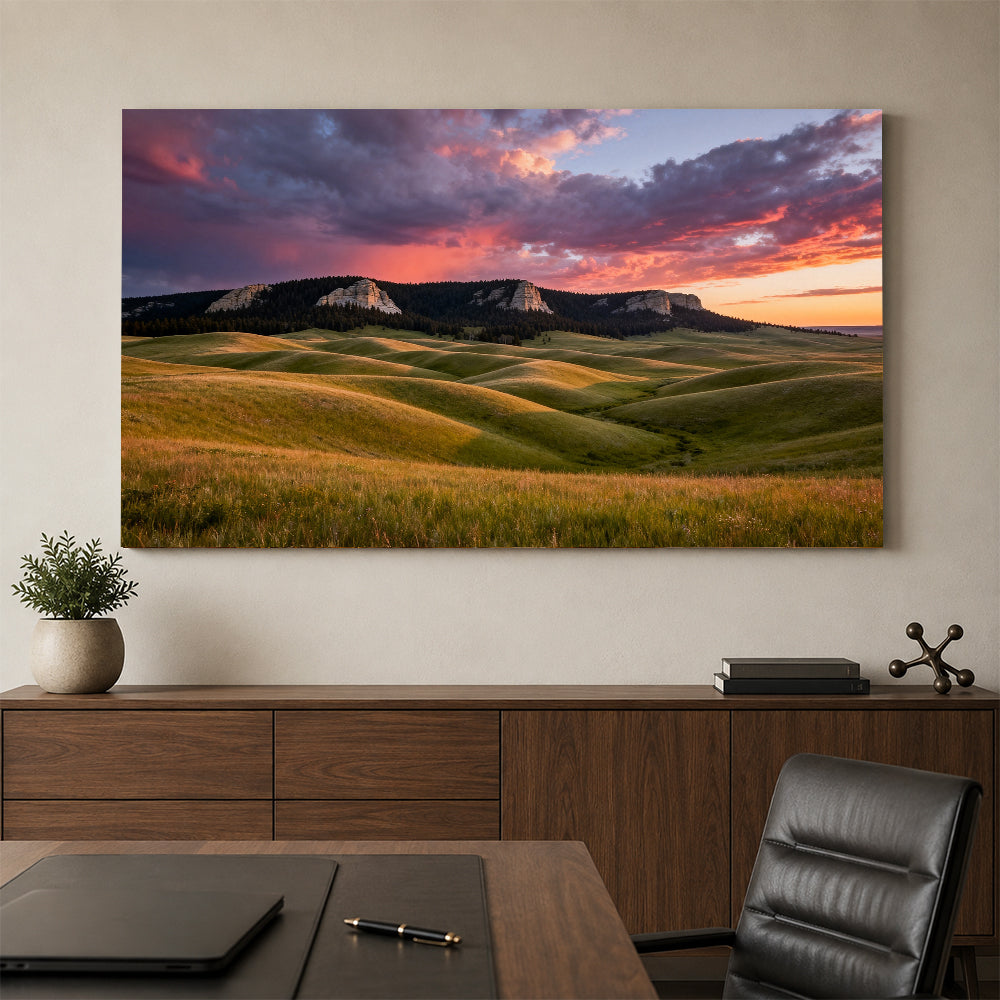 Stormy Sunset over Golden Hills canvas wall art, office mockup.