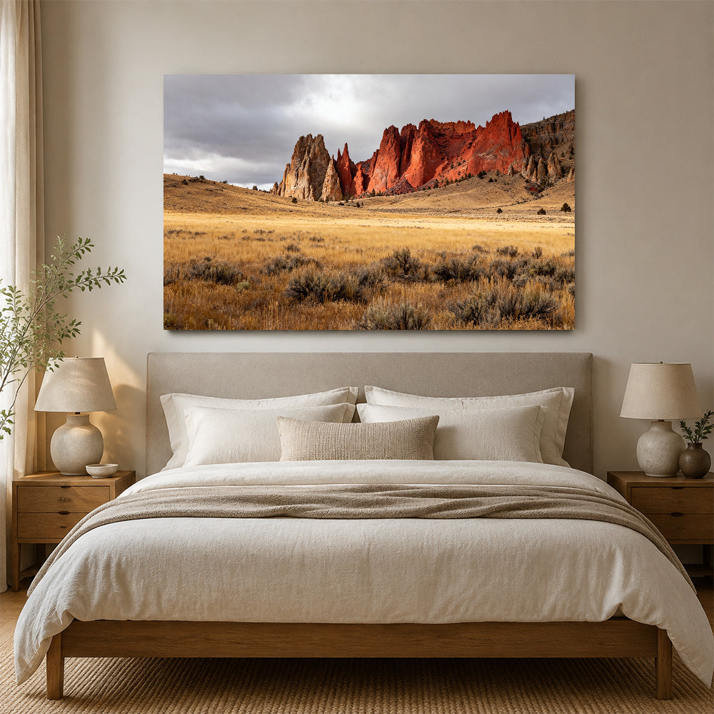 Golden Grass and Red Rock Walls canvas wall art, bedroom mockup.