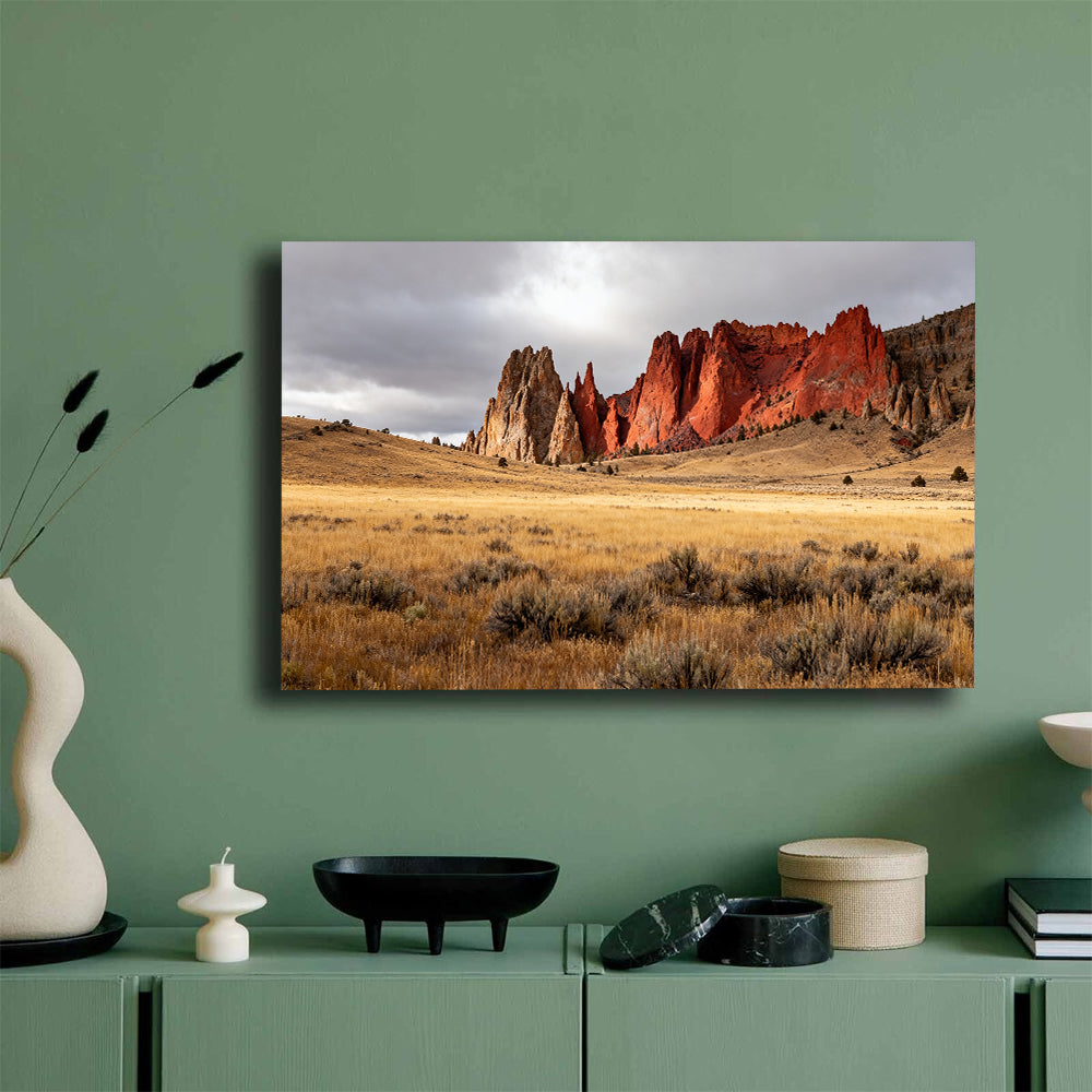 Golden Grass and Red Rock Walls canvas wall art, green wall mockup.