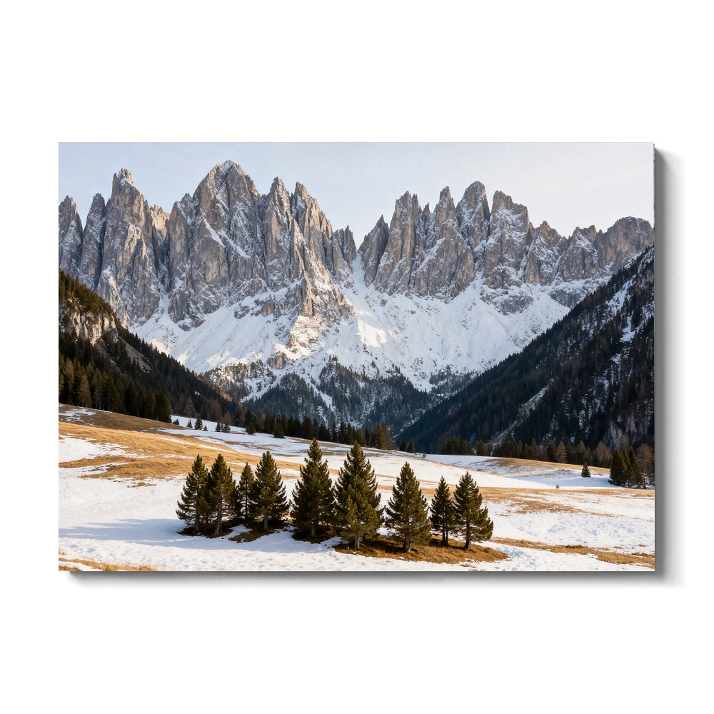 Jagged Peaks above a Snowy Meadow canvas wall art, front view on a white background.
