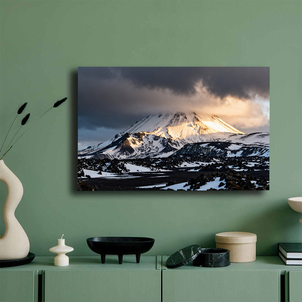 Stormlight on a Snowy Volcano canvas wall art, green wall mockup.