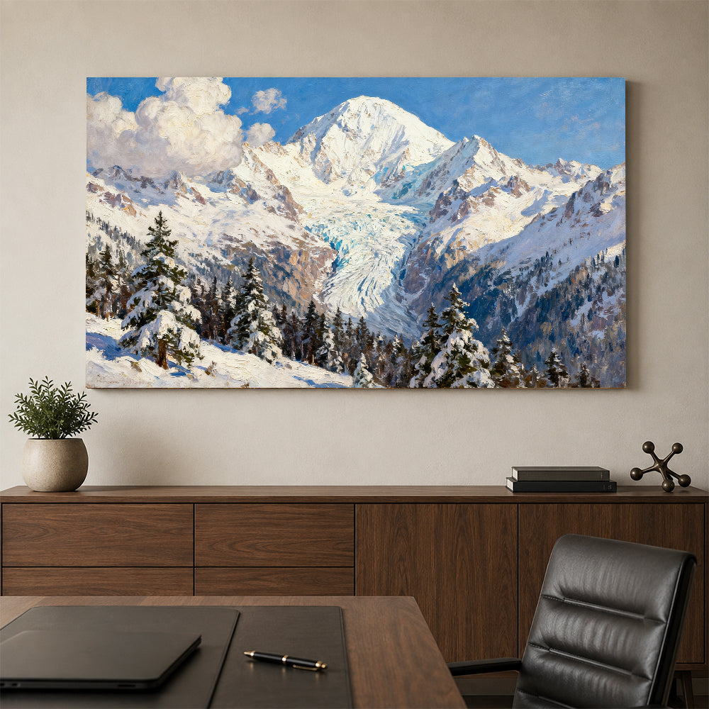 Snowy Forest below Alpine Peaks canvas wall art, office mockup.
