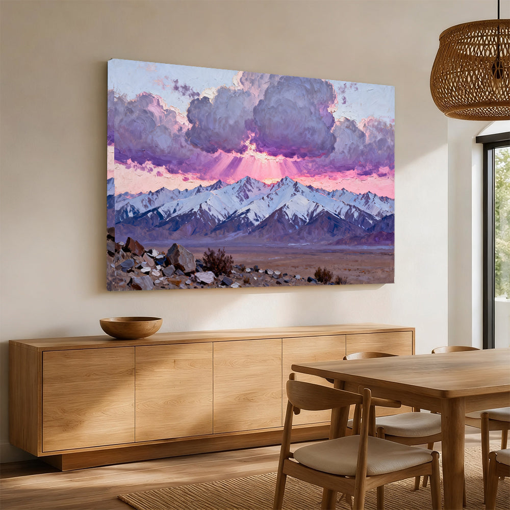 Purple Dusk over a Snowy Plateau canvas wall art, dining room mockup.