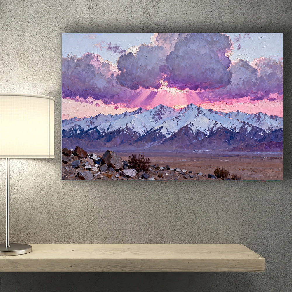 Purple Dusk over a Snowy Plateau canvas wall art, desk mockup.