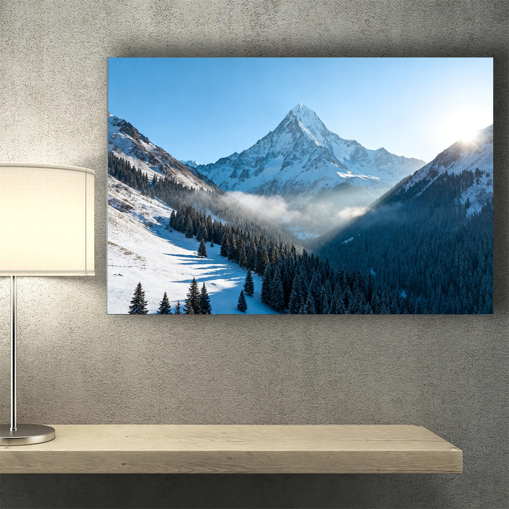 Blue Mountain above a Winter Valley canvas wall art, desk mockup.
