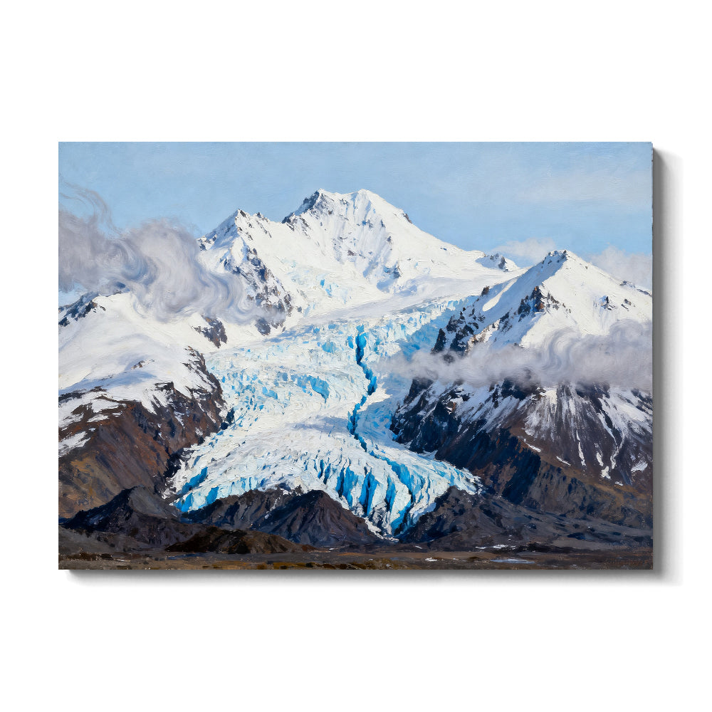 Blue Glacier below Snowy Peaks canvas wall art, front view on a white background.