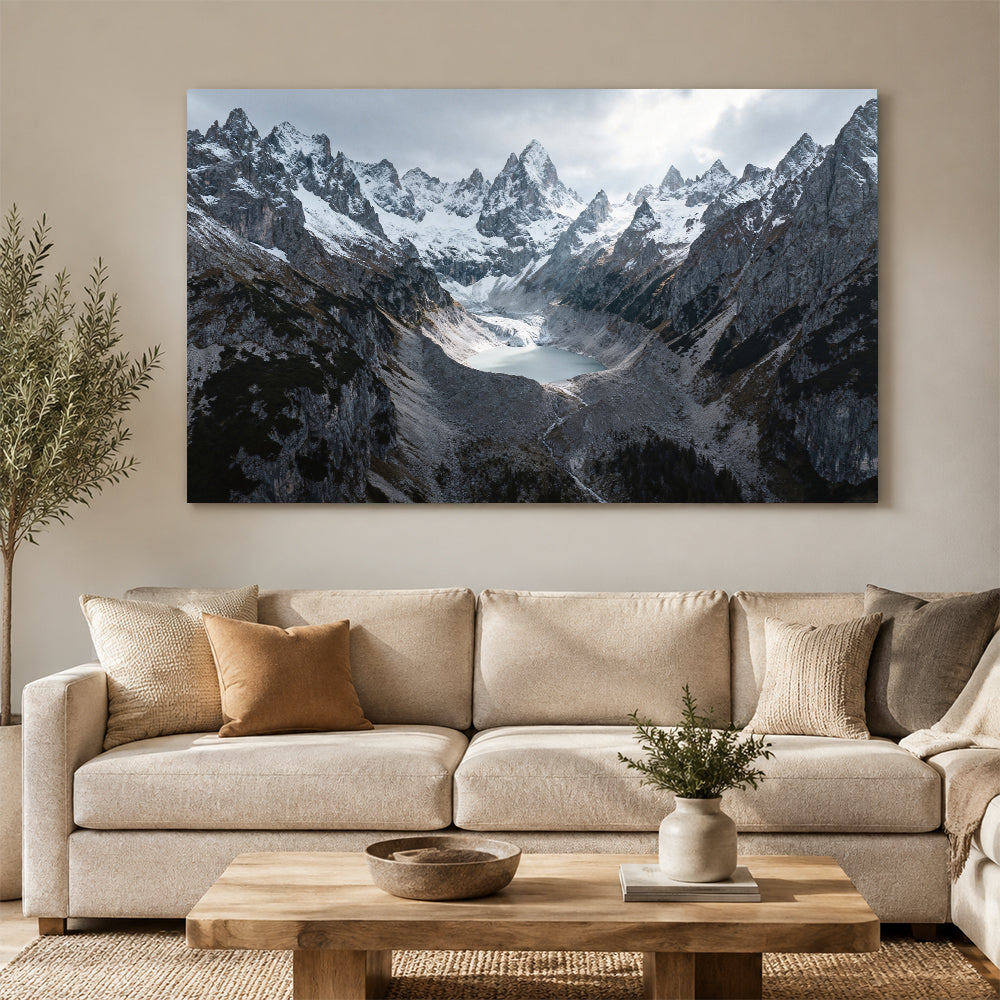 Dark Alpine Peaks in Mist canvas wall art, living room mockup.