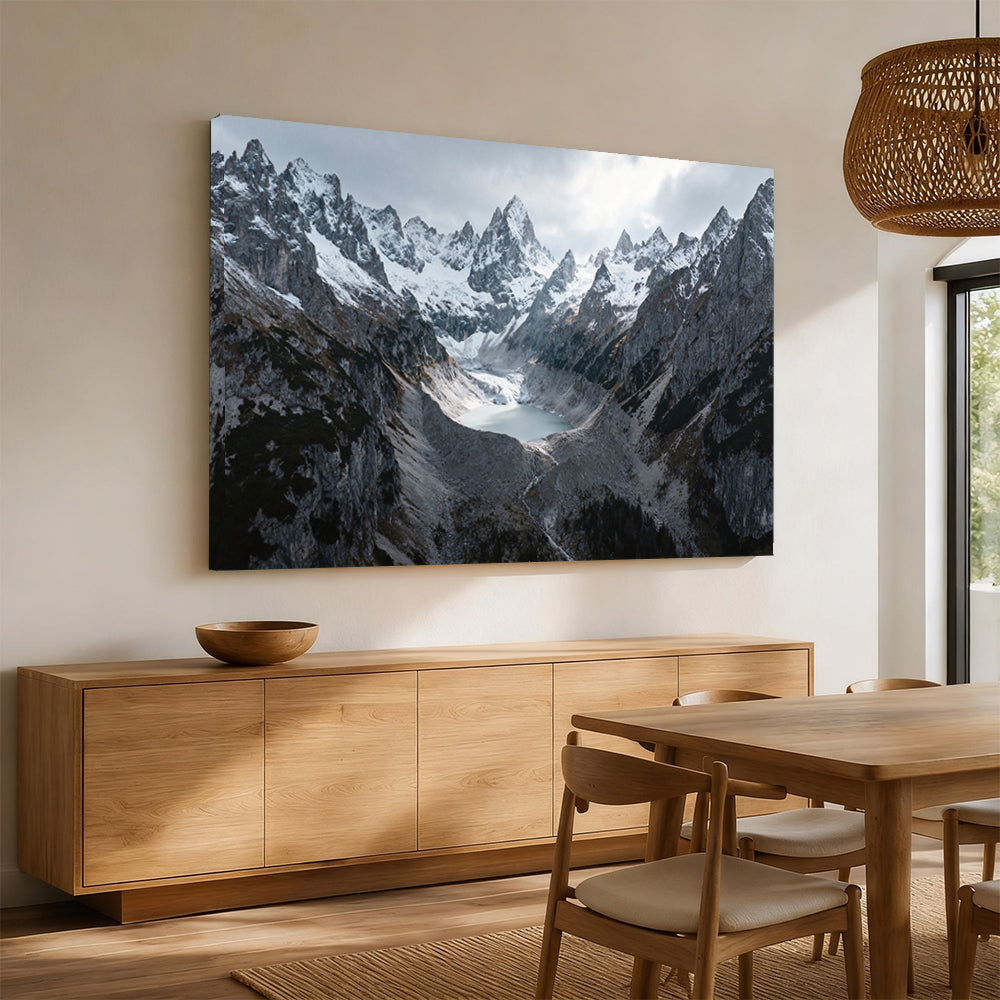 Dark Alpine Peaks in Mist canvas wall art, dining room mockup.