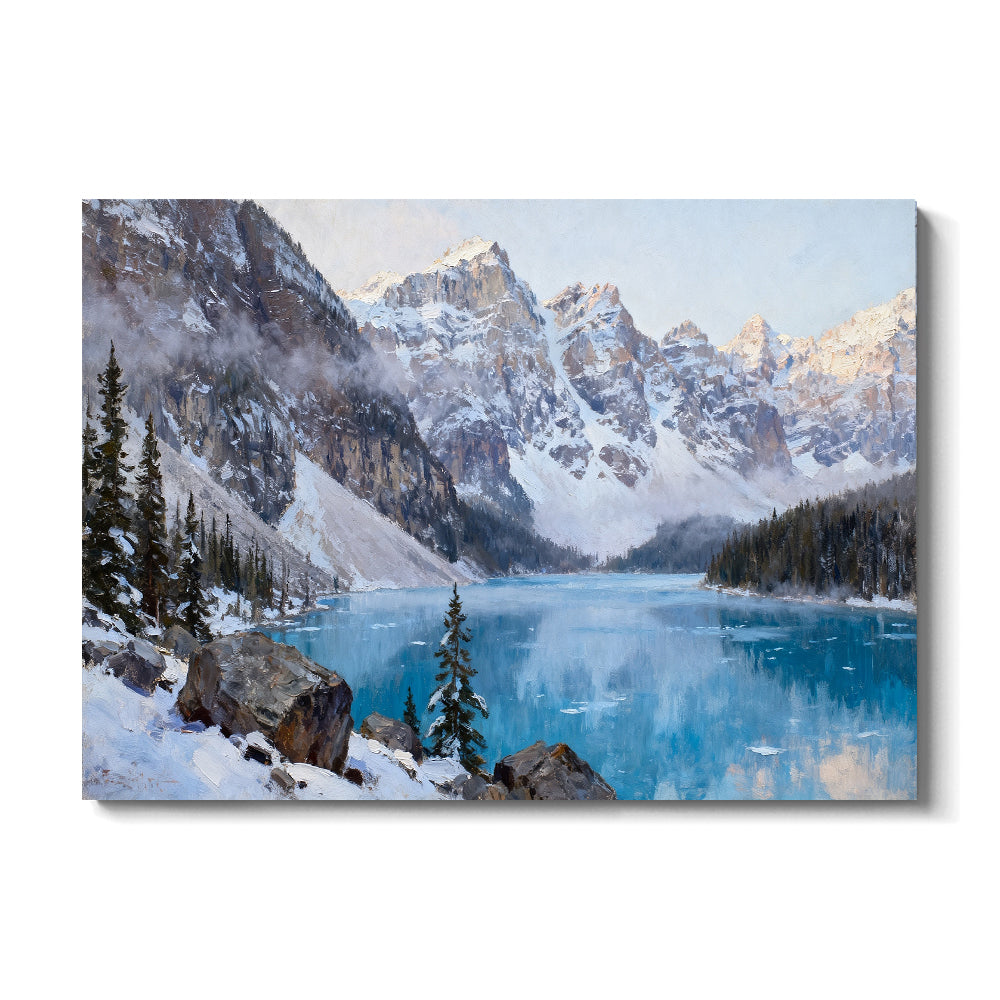 Frozen Blue Lake between Peaks canvas wall art, front view on a white background.