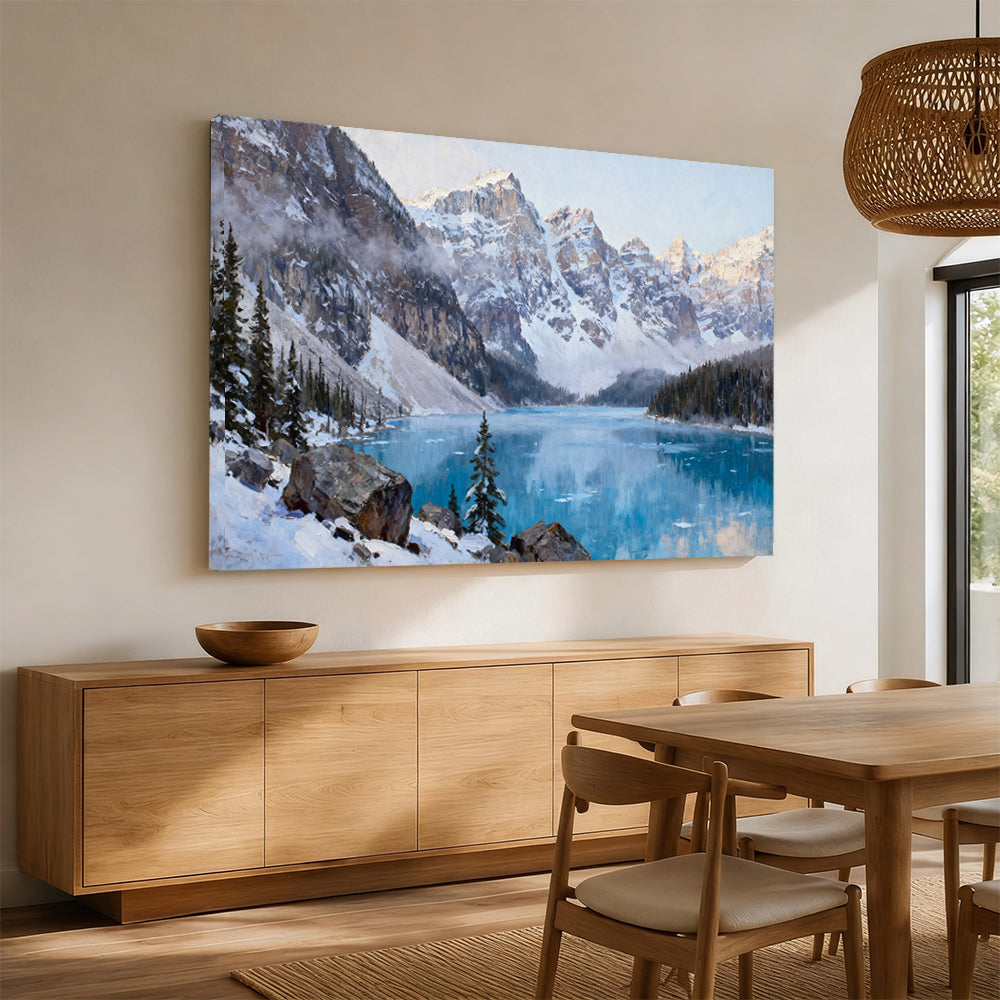Frozen Blue Lake between Peaks canvas wall art, dining room mockup.