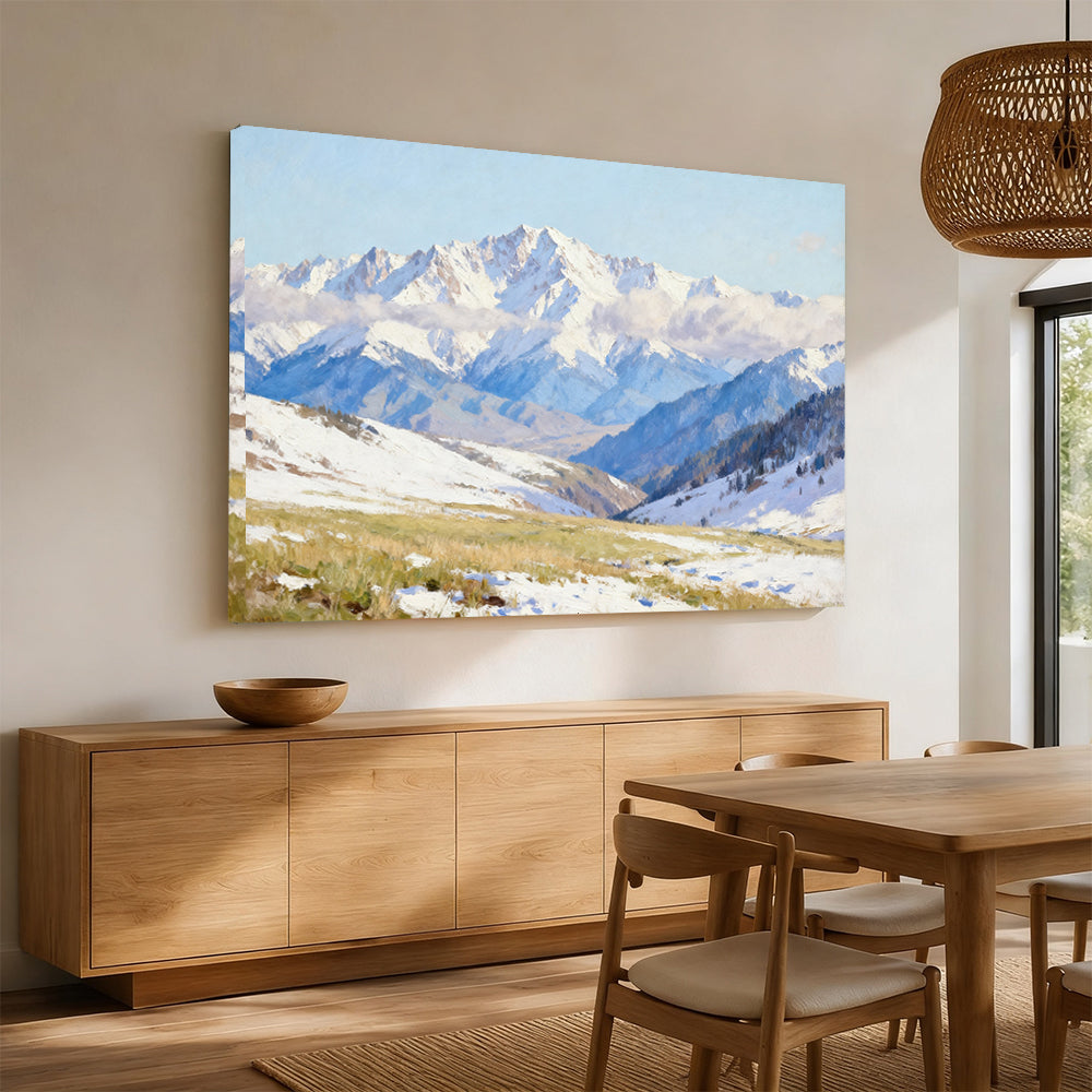 Soft Blue Snow Ranges canvas wall art, dining room mockup.