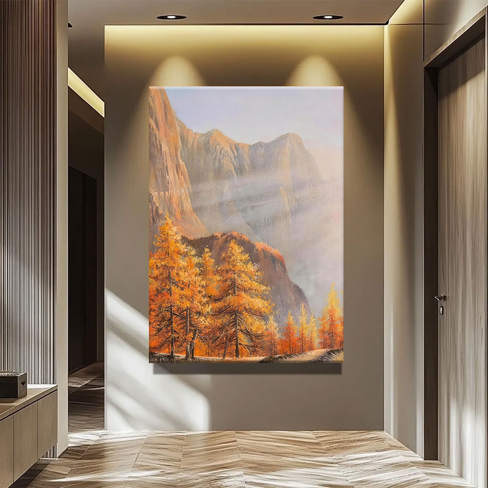 Autumn Cliffs in Mist canvas wall art, styled room mockup 1.