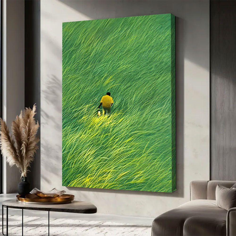 Yellow Jacket in Green Grass canvas wall art, styled room mockup 3.