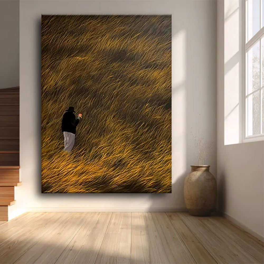 Amber Field Wanderer canvas wall art, styled room mockup 2.