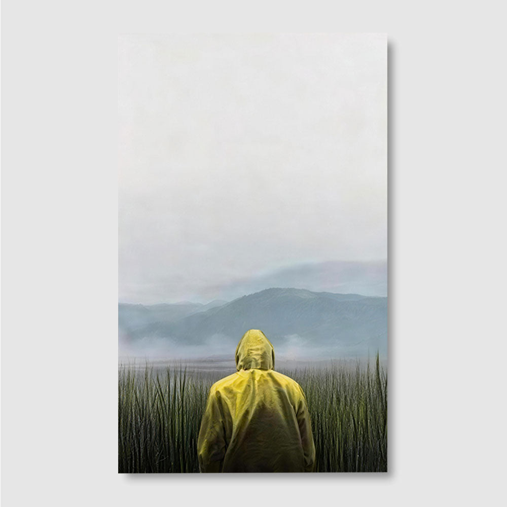Yellow Coat at the Water canvas wall art, front product mockup on a light background.