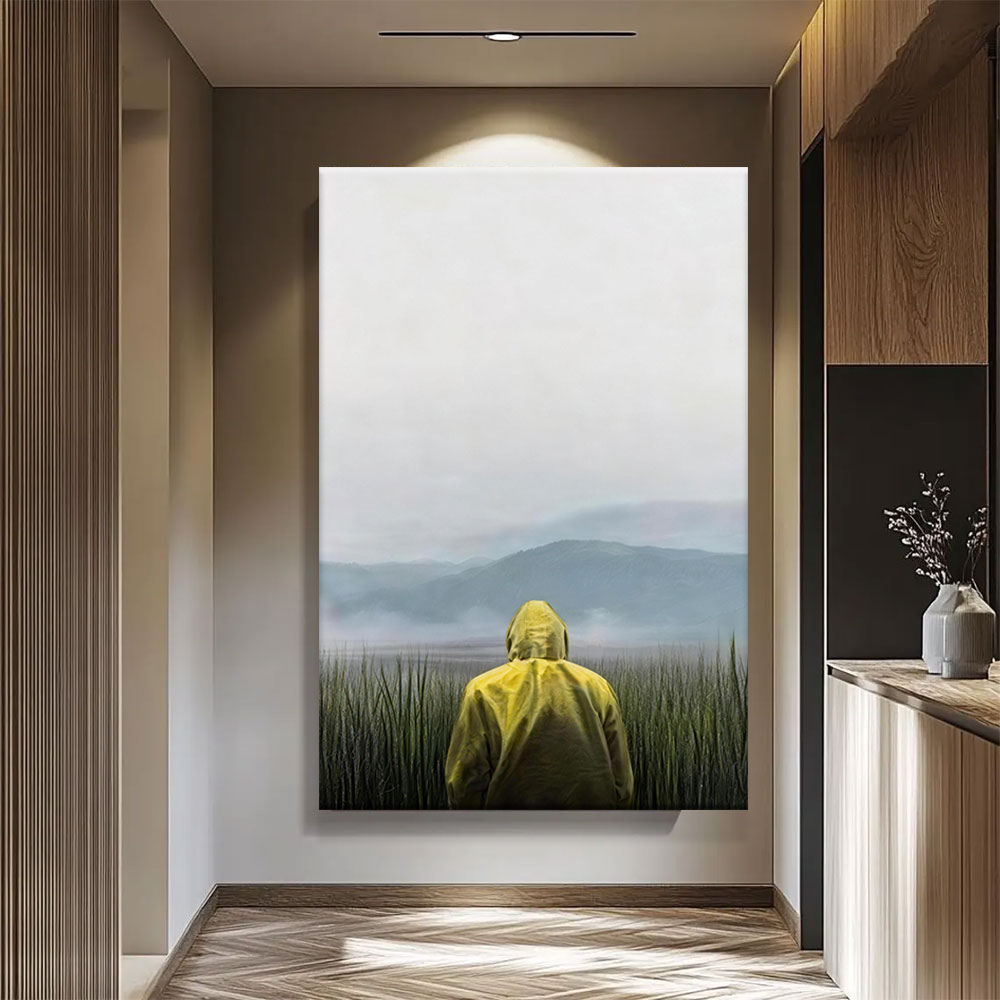 Yellow Coat at the Water canvas wall art, styled room mockup 1.