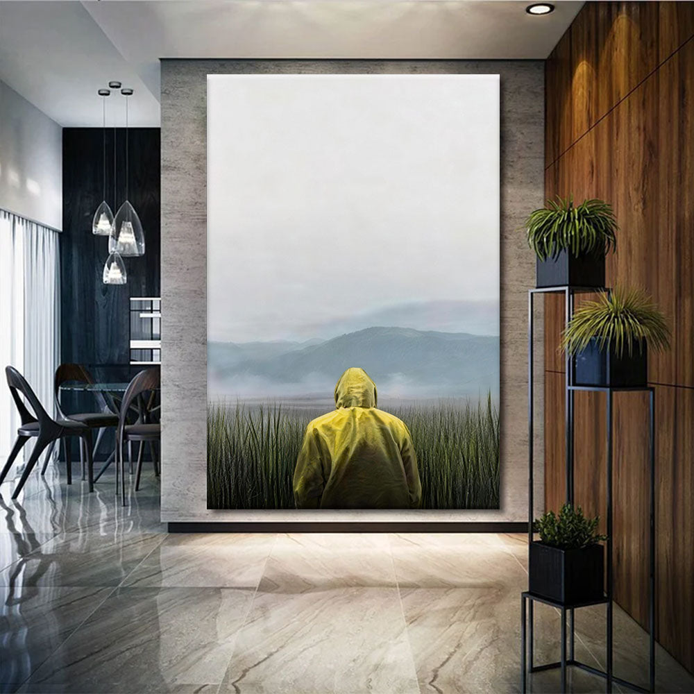 Yellow Coat at the Water canvas wall art, styled room mockup 2.