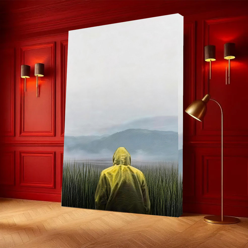 Yellow Coat at the Water canvas wall art, styled room mockup 3.