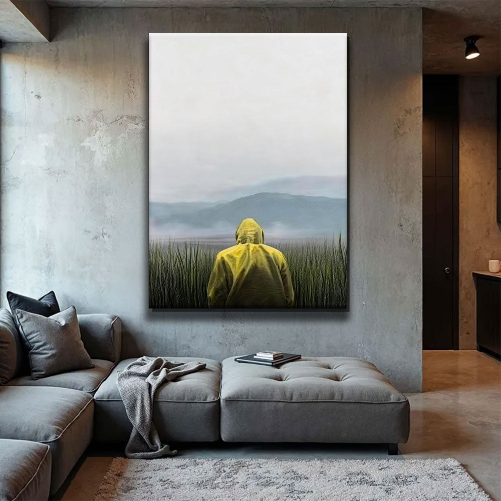 Yellow Coat at the Water canvas wall art, styled room mockup 4.