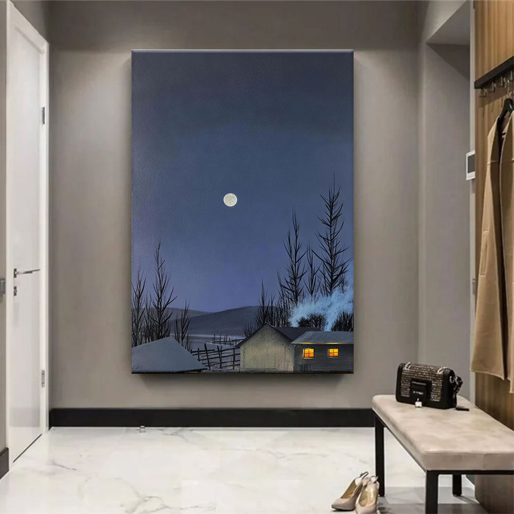 Winter Cabin Moon canvas wall art, styled room mockup 2.
