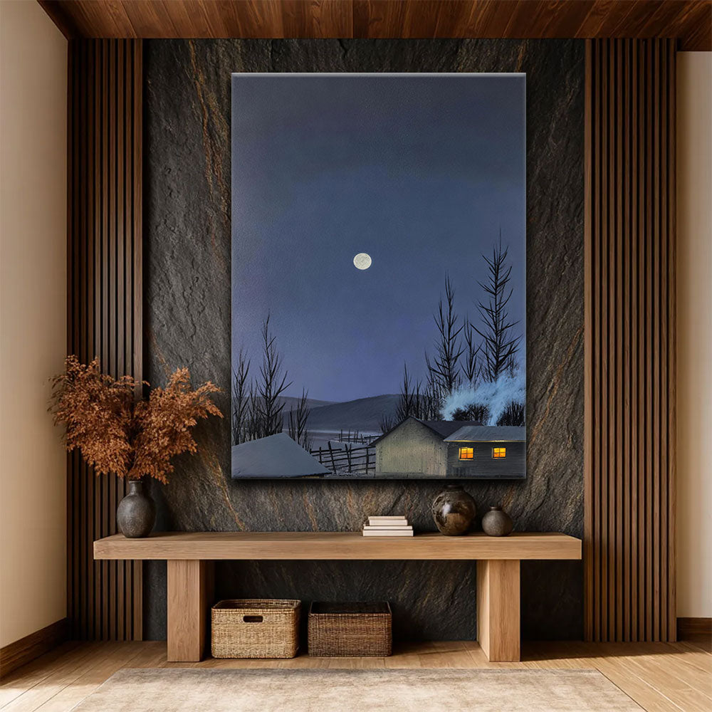 Winter Cabin Moon canvas wall art, styled room mockup 4.