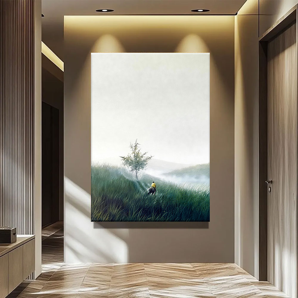 Lone Tree in the Mist canvas wall art, styled room mockup 1.