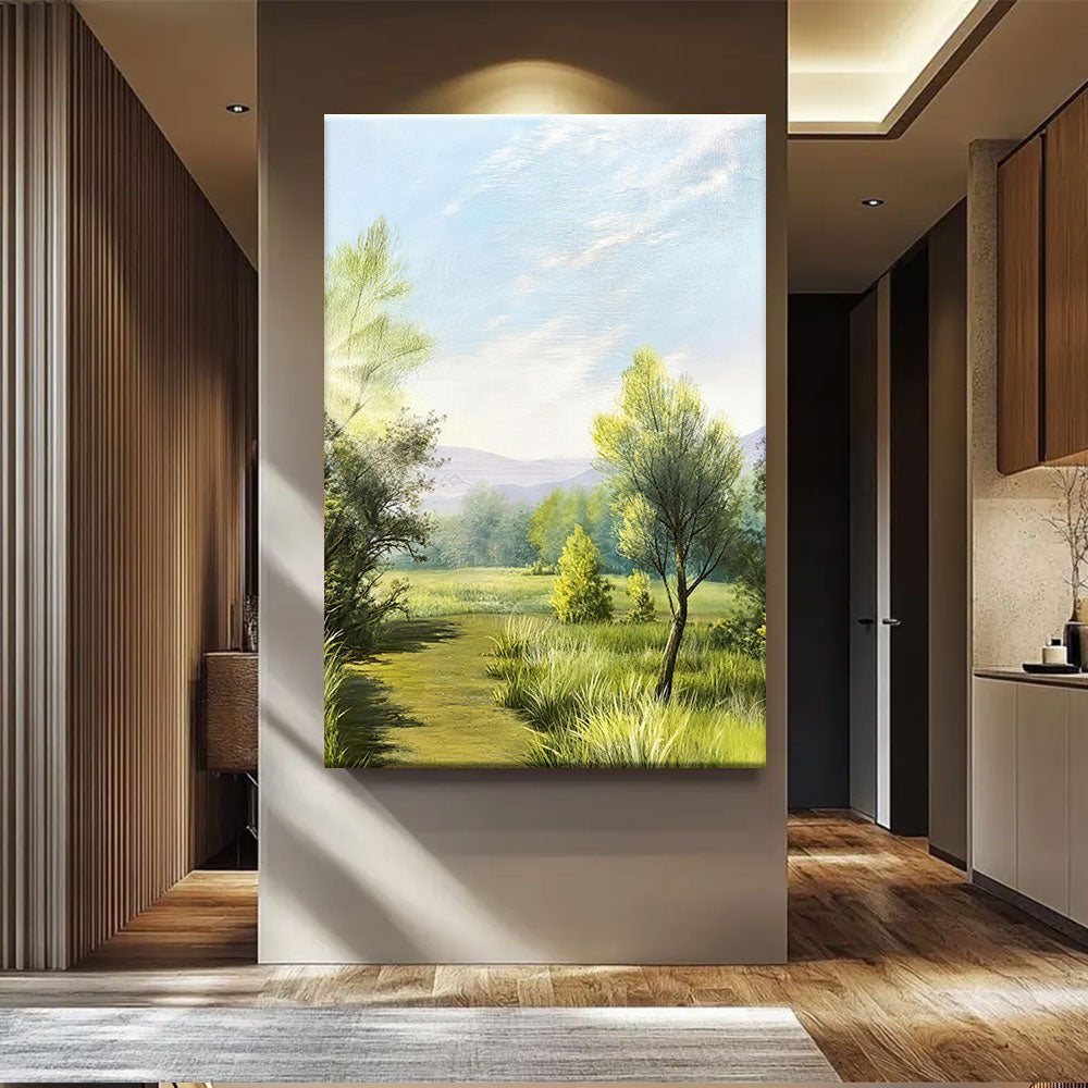 Sunlit Meadow Path canvas wall art, styled room mockup 1.