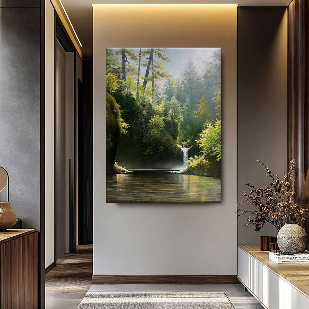 Hidden Forest Falls canvas wall art, styled room mockup 1.