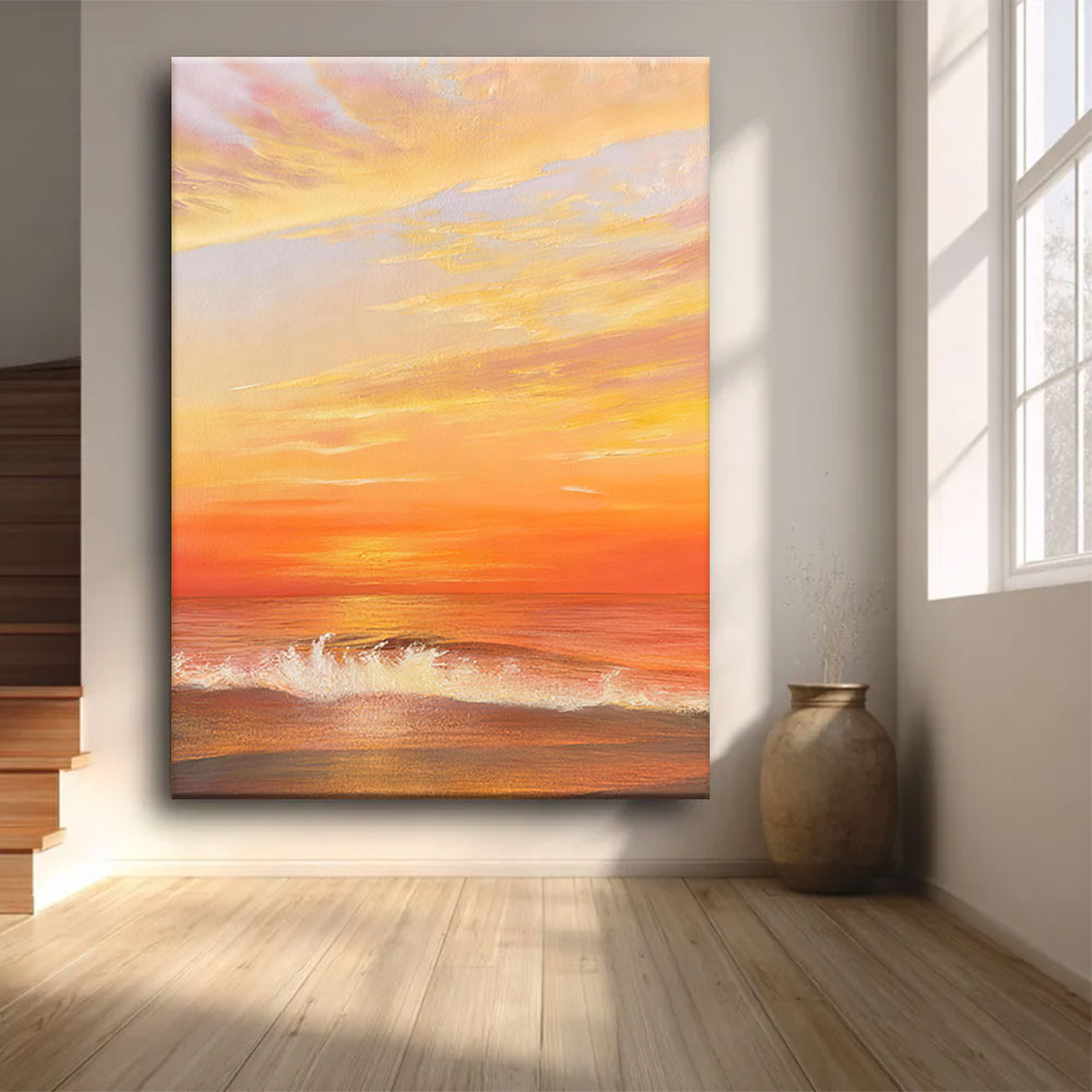 Apricot Ocean Sunset canvas wall art, styled room mockup 3.
