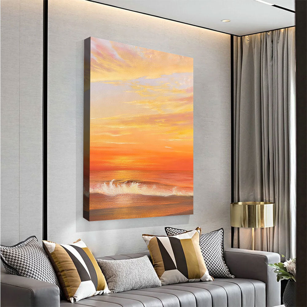 Apricot Ocean Sunset canvas wall art, styled room mockup 4.