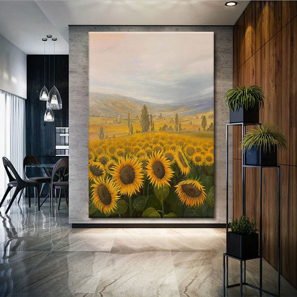 Sunflower Country Morning canvas wall art, styled room mockup 3.