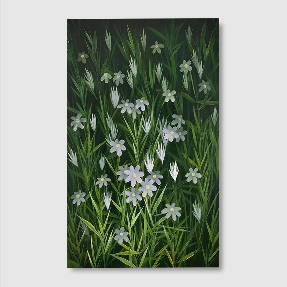 White Flowers in Deep Green canvas wall art, front product mockup on a light background.