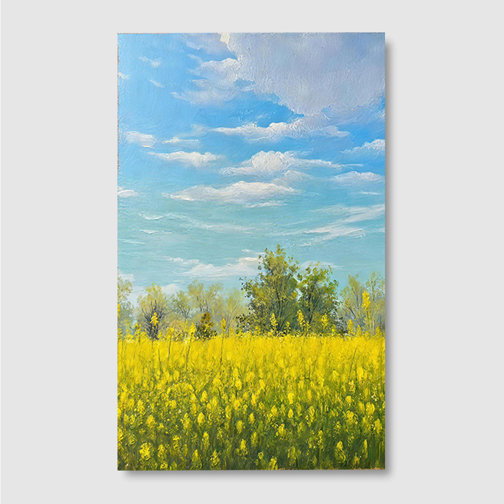 Yellow Fields Under Blue Sky canvas wall art, front product mockup on a light background.