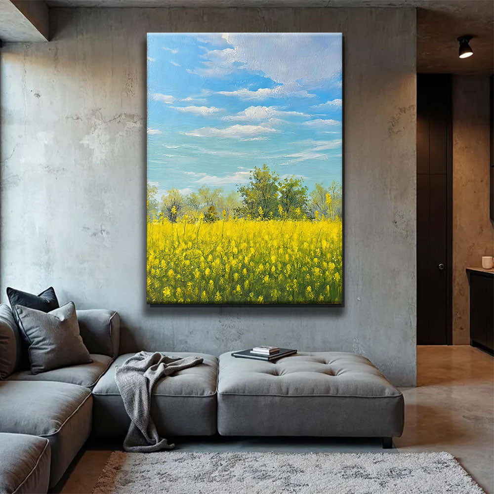 Yellow Fields Under Blue Sky canvas wall art, styled room mockup 1.