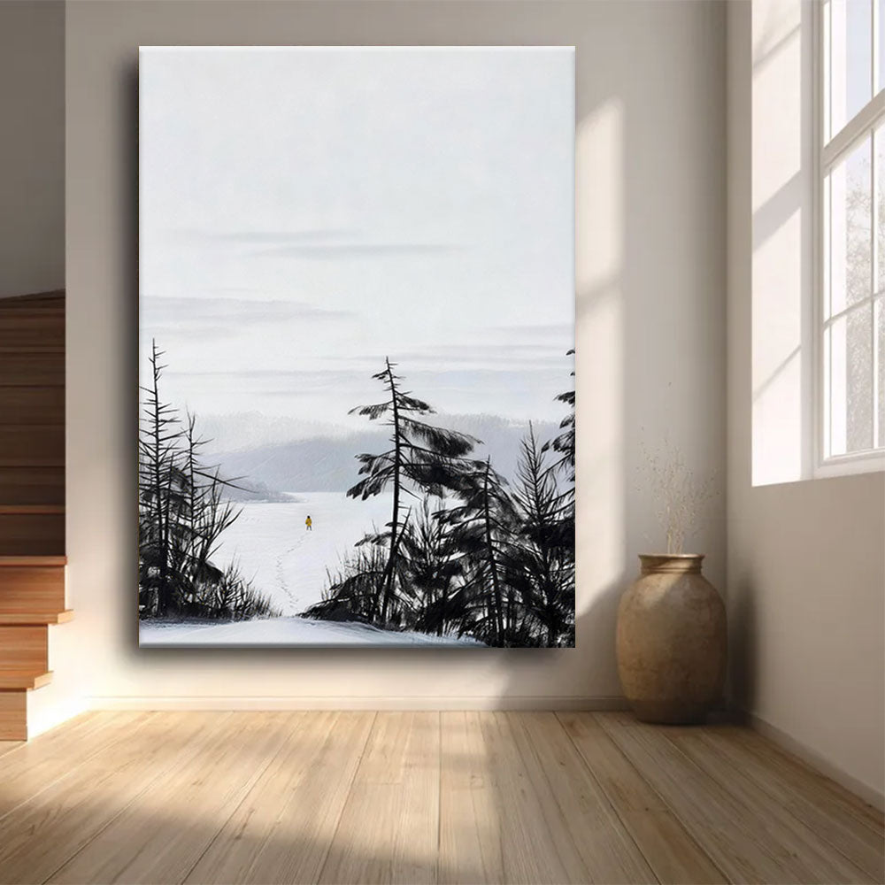 Winter Pines and Distant Water canvas wall art, styled room mockup 1.