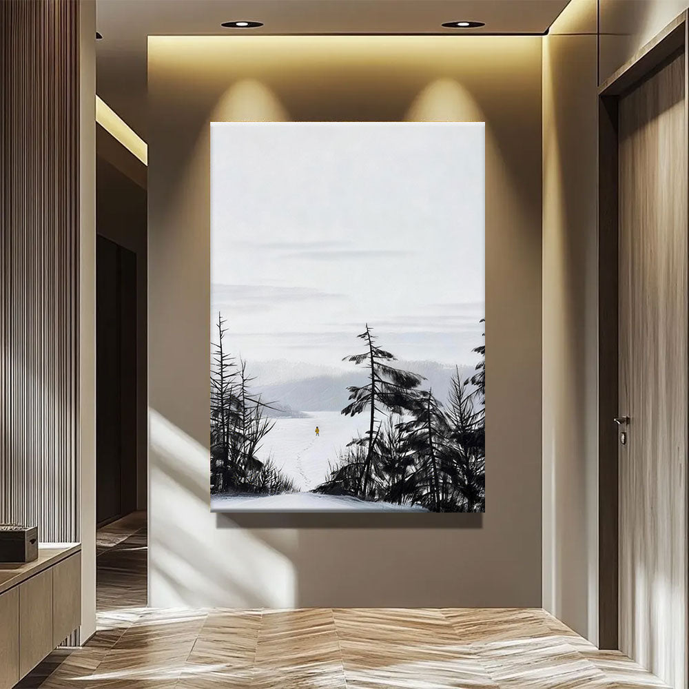 Winter Pines and Distant Water canvas wall art, styled room mockup 4.